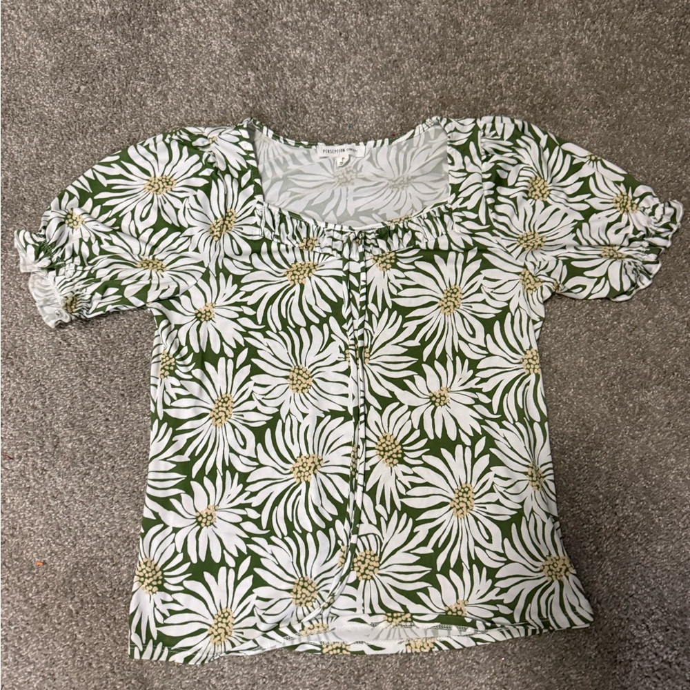 PerSeption Concept Green and White Floral Blouse